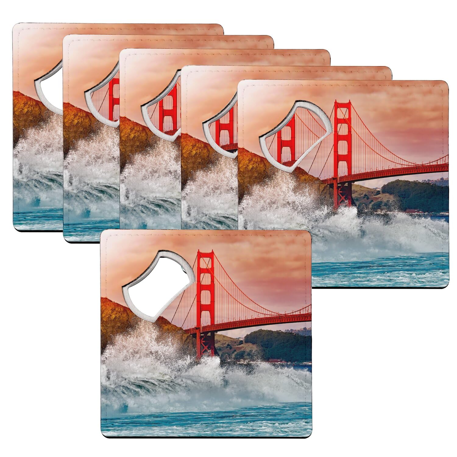 Sous-verre décapsuleur Golden Gate en lot de 6 dessous de verre 92x92mm