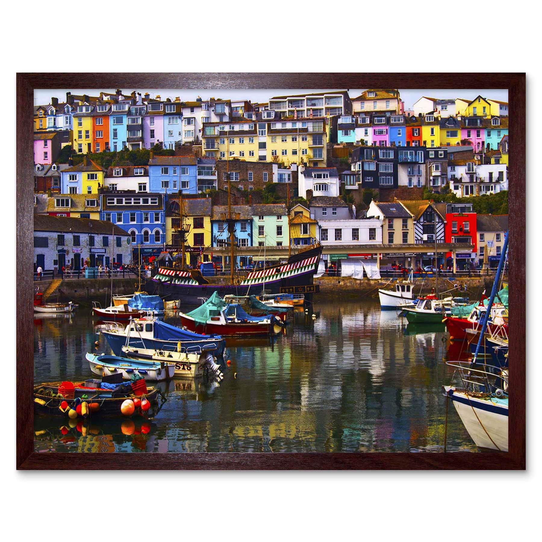 Wee Blue Coo Photography Cityscape Brixham Devon England Harbour Boats Art Print Framed Poster Wall Decor 12X16 Inch