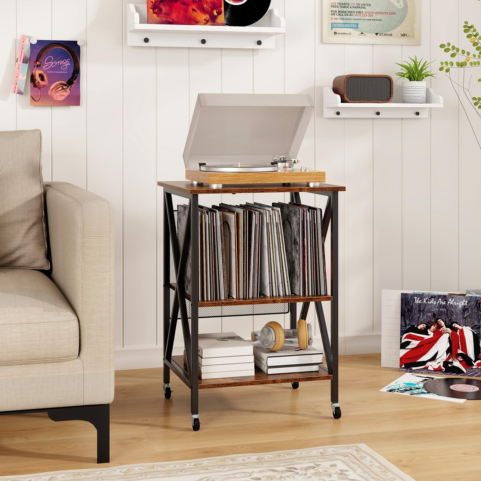 GIANTEX Support de Tourne-Disque avec 2 Prises (USB & Type-C), Table de Rangement pour 250 Disques Vinyles, Style Milieu du Siècle, roulettes Verrouillables, pour Chambre, Salon (Marron)
