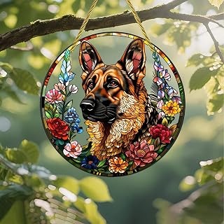 Colorful Acrylic Suncatcher, German Shepherd Floral Stained Glass 7-inch Hanging Window Wall Art Decor with Printed Stained Glass Style Design, Gift Idea & Garden Ornament Indoor Outdoor Use
