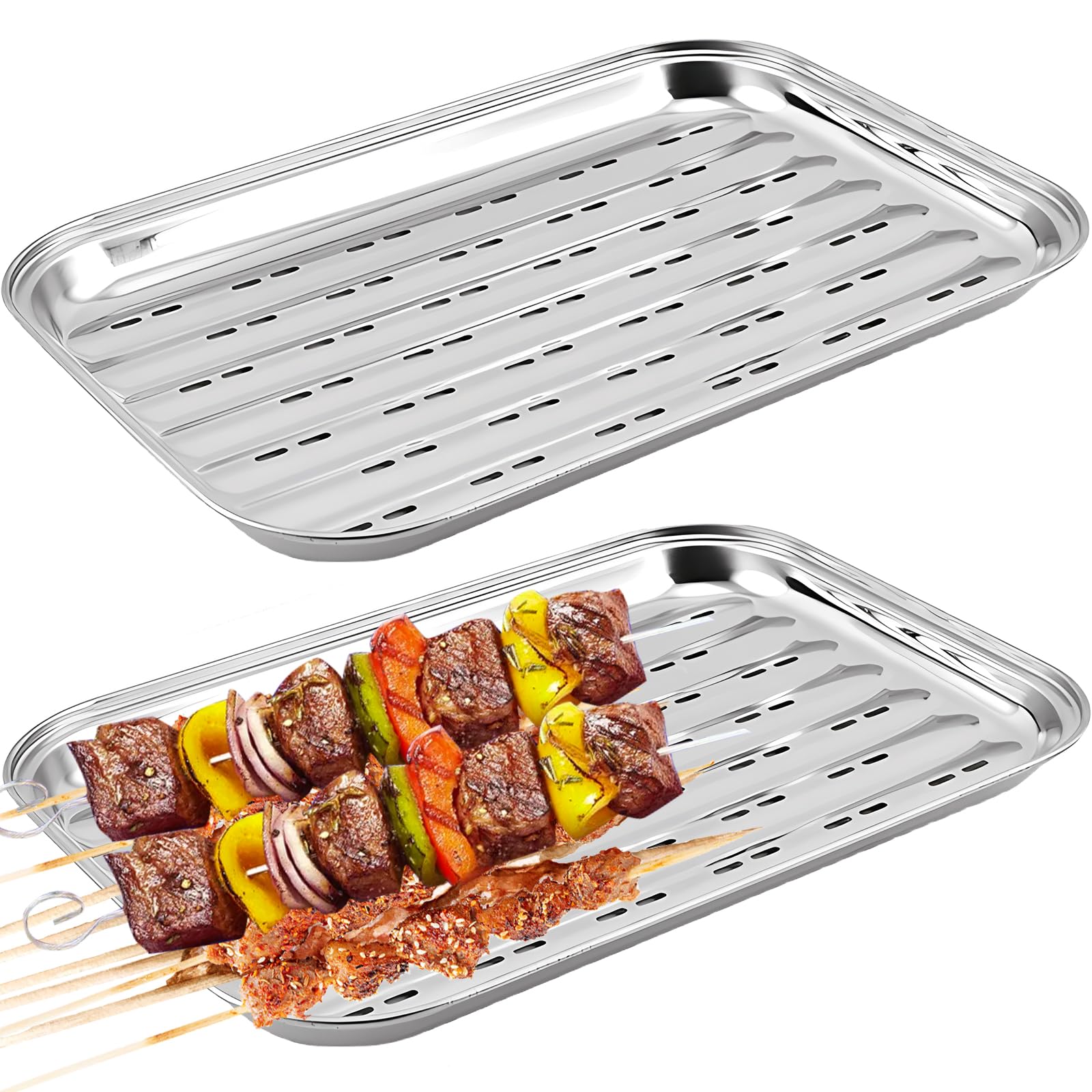 Asfrode 2 bandejas para barbacoa de acero inoxidable, 34,5 x 24,2 x 2,7 cm, reutilizables, cesta para verduras, accesorios para verduras, pescado o carne, para barbacoa de gas, eléctrica y carbón