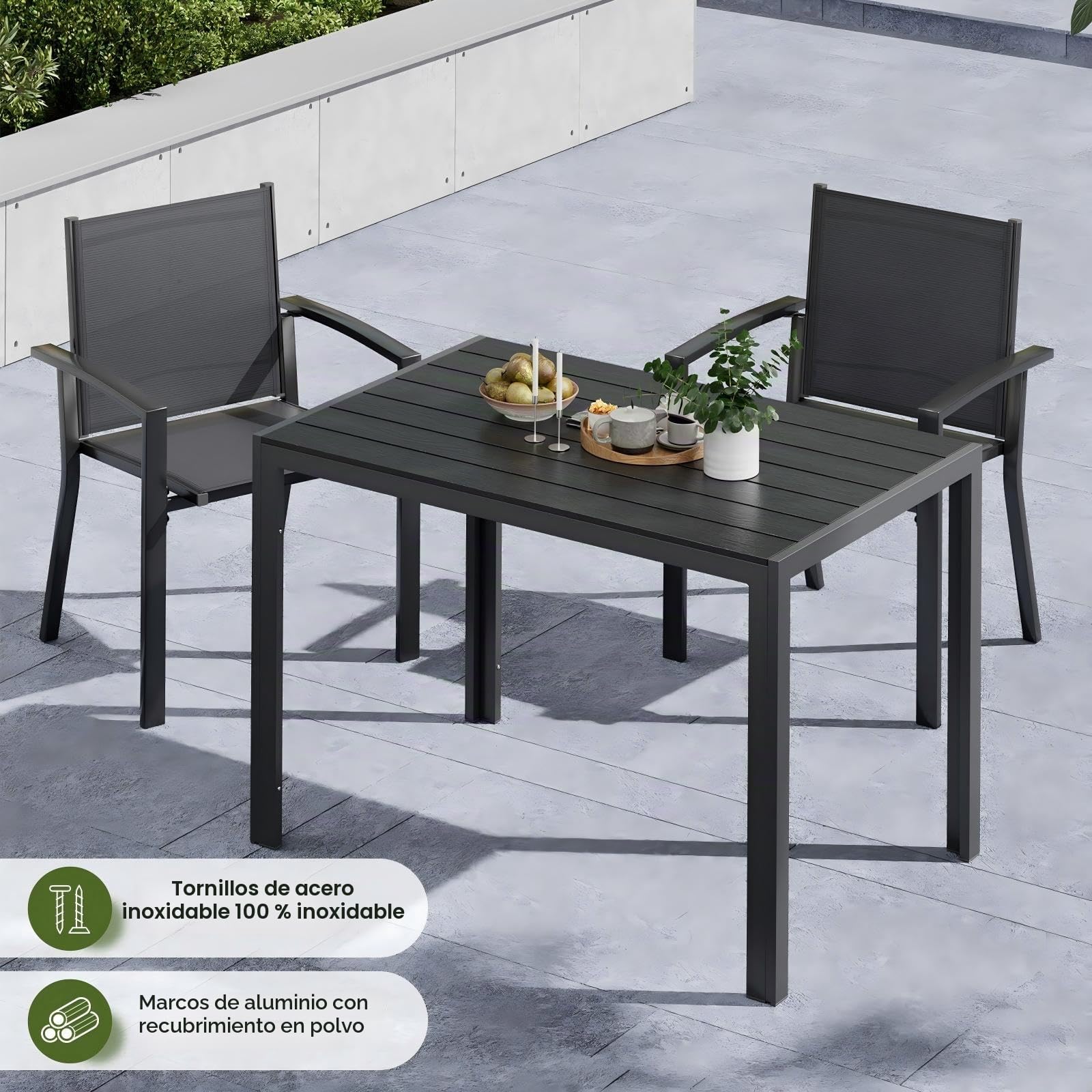 UDPATIO Mesa de Comedor de Jardín, 110x70x74 cm Mesa de Jardín de Aluminio, Mesa Rectangular de WPC con Vetas de Madera, Resistente a la Intemperie para Terraza y Balcón - Gris Oscuro+ Negro