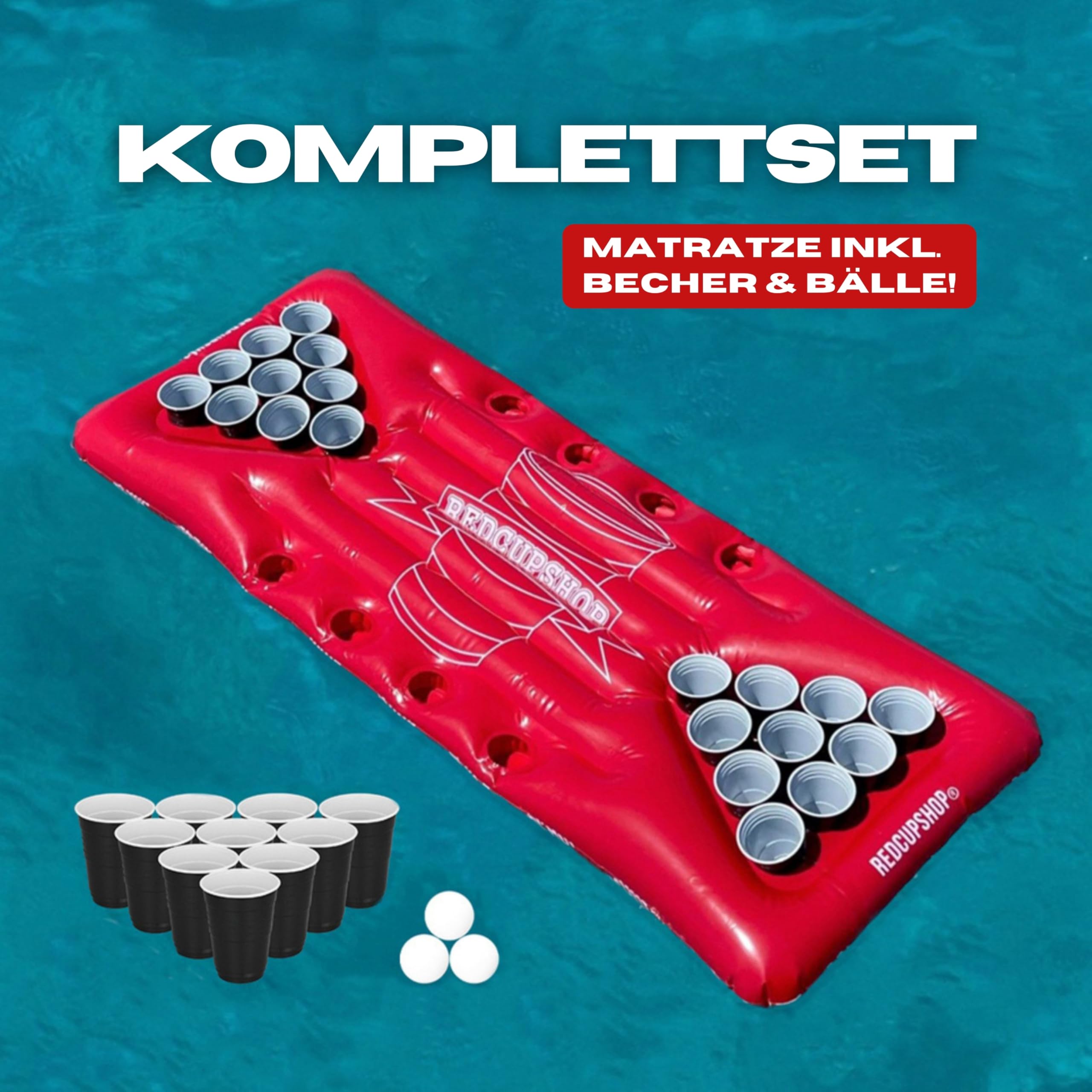 XXL Pool Pong Luftmatratze | Set inkl. 25 Becher & 3 Bälle | Große 175 x 75 cm Pool Matratze | Cooles Sommer Geschenk