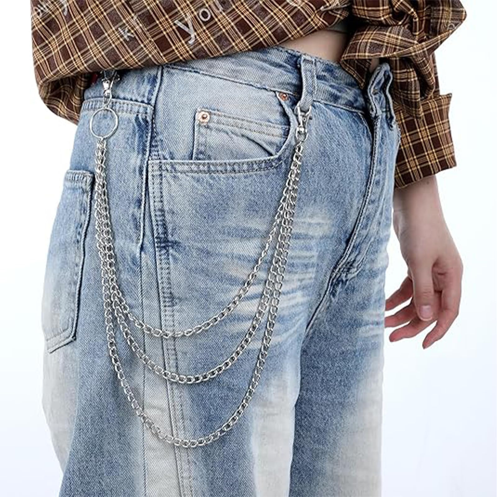 3 Piezas Cadena de Pantalón, Cadenas de Vaqueros, Hip Hop Cadenas de Jeans, Cadena para Cartera para Jeans, Cinturón, Billetera y Llaves (Plata)