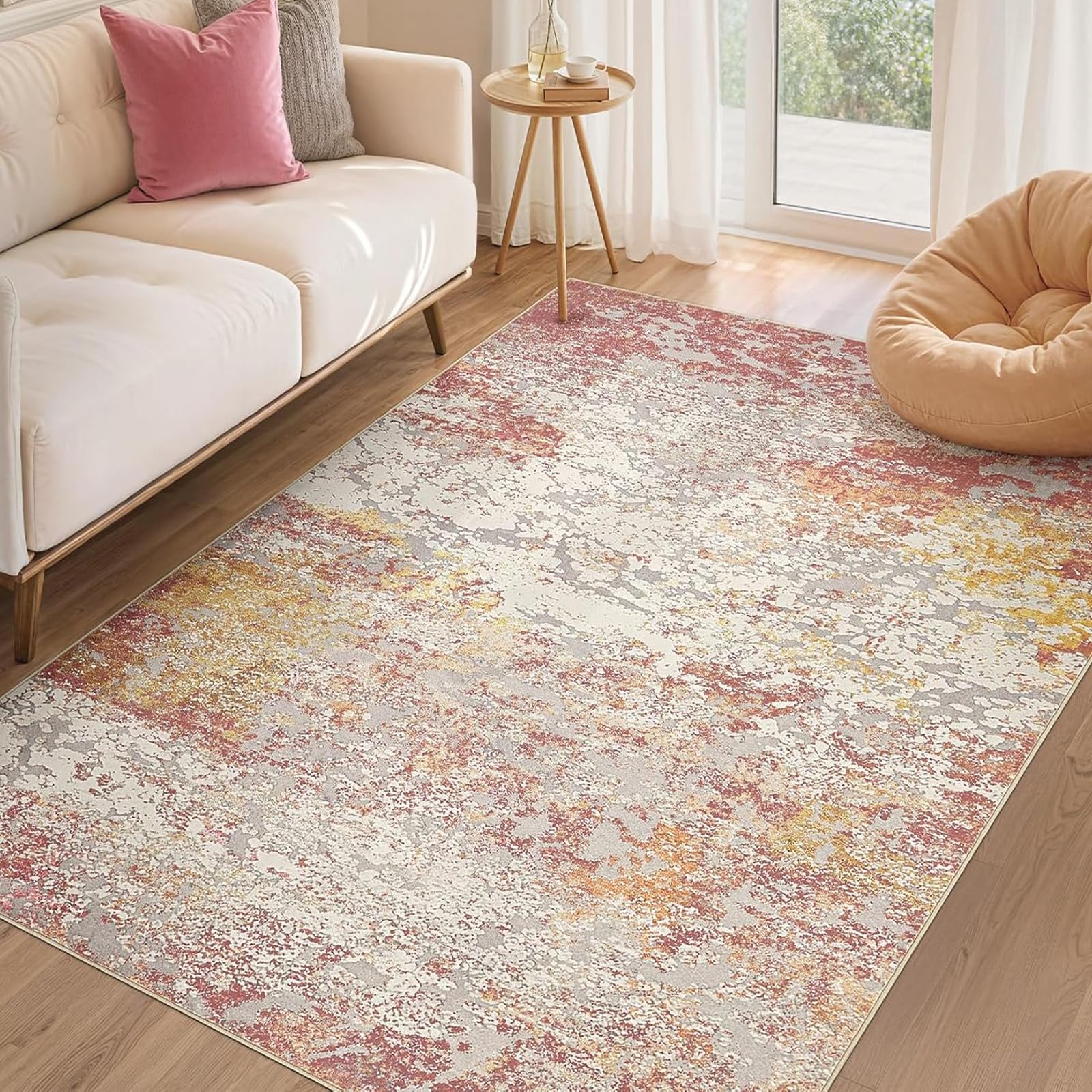 Tapis de chambre abstrait moderne poil ras doux beige rouge jaune