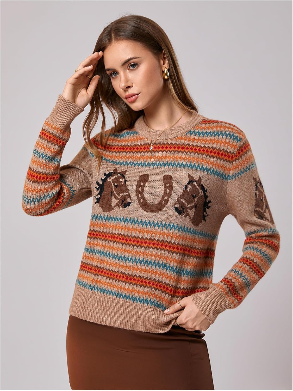 MakeMeChic Women's Grandpa Sweaters Vintage Pullover Crew Neck Long Sleeve Grunge Fall Sweater - Image 3