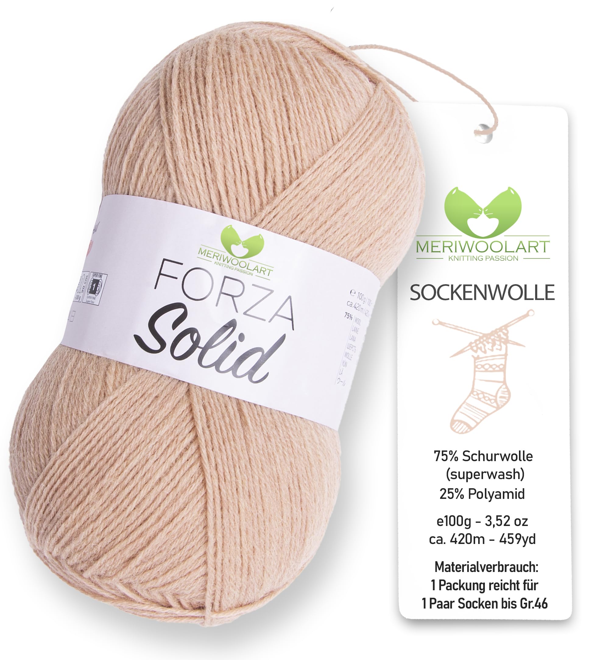 MeriWoolArt Sock Yarn, 75% Virgin Wool Superwash, 100g/420m, Purple, 4-Ply for Socks and Sweaters (Beige-4606)
