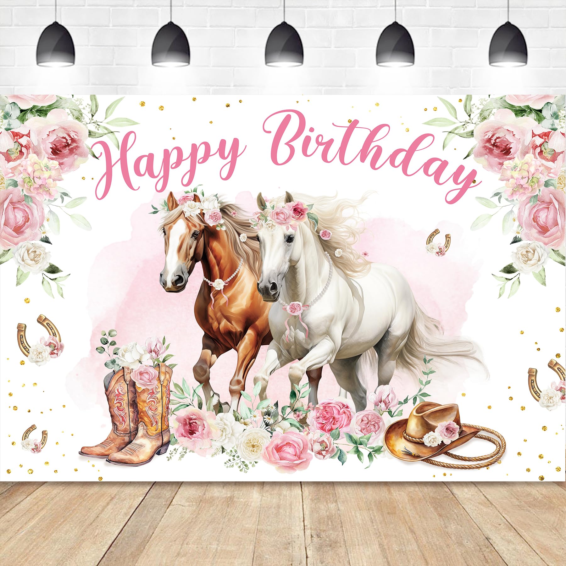 Homewelle Horse Happy Birthday Backdrop 7Wx5H Feet Polyester Fabric Pink Watercolor Flowers Floral Decoration Western Cowgirl for Girls Princess