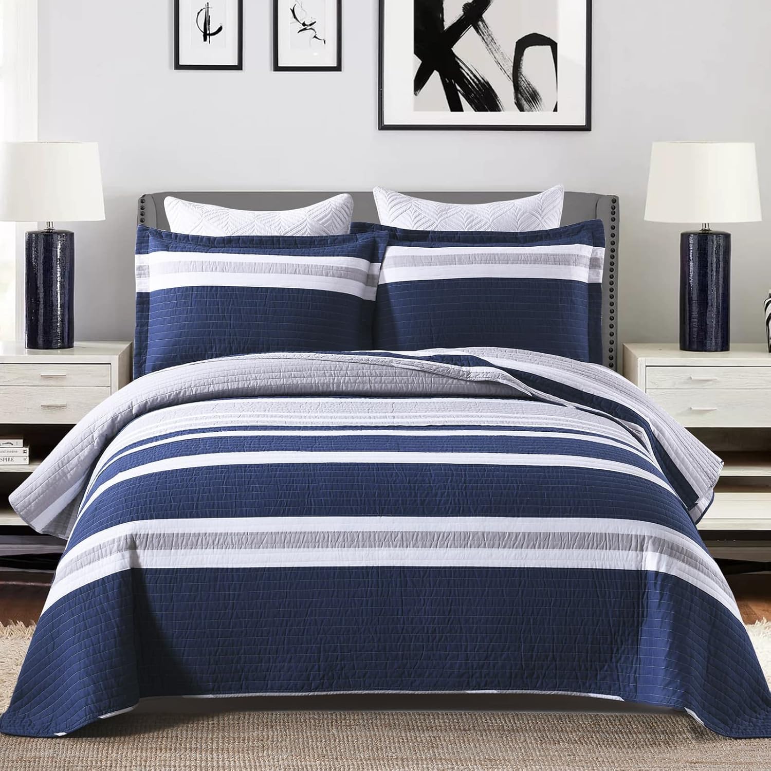 PERHOM Queen Size Quilts Navy Blue Striped Quilt Queen Size