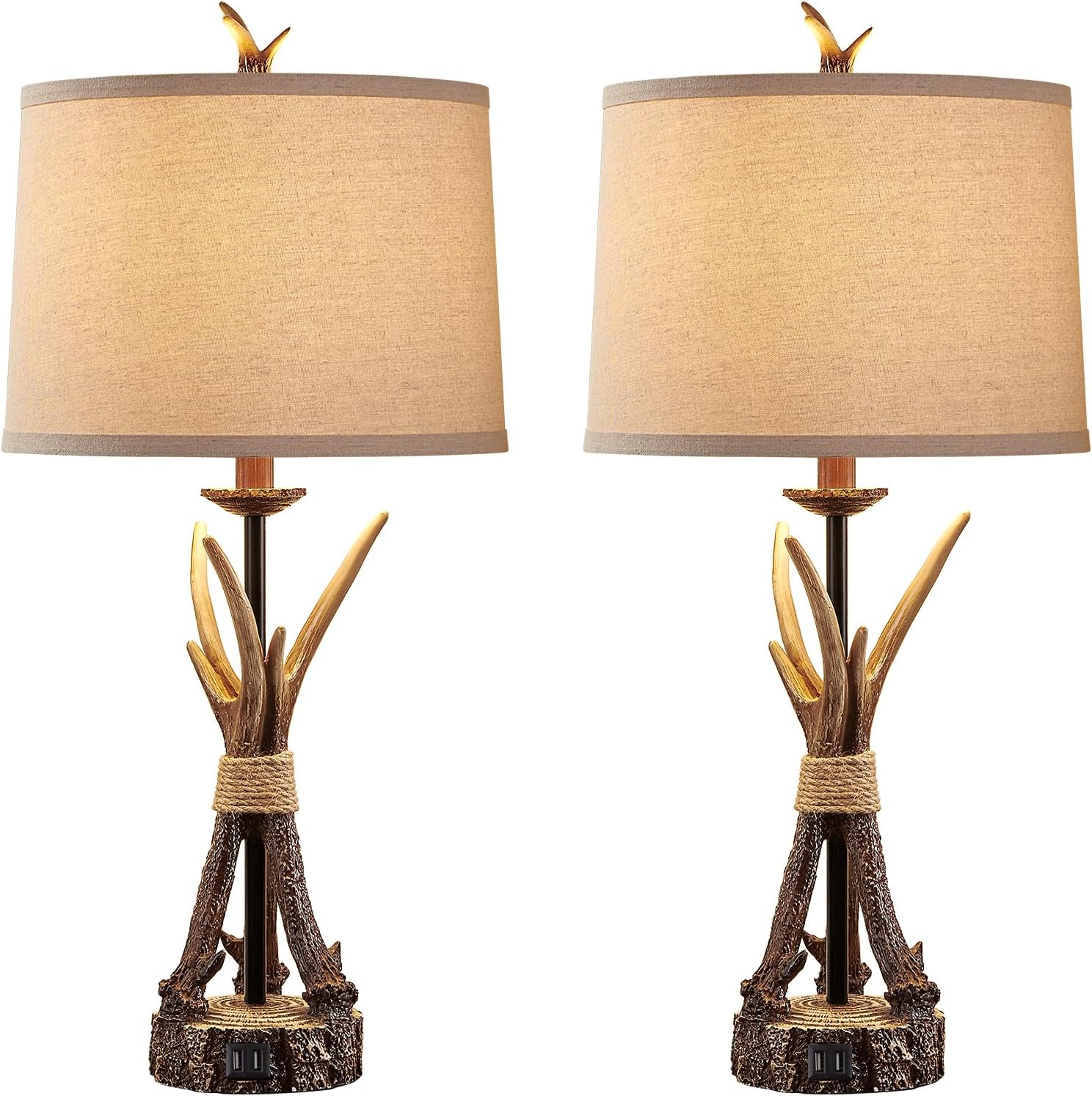 Rustic Farmhouse Antler Table Lamps Set of 2 with USB Charging Port, 27inch Western Nightstand Table Lamps for Cabin Decor Night Stands Bedroom Living Room Foyer Office