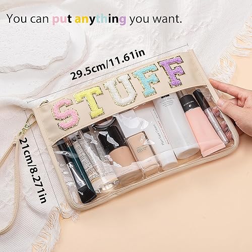 Miniatura 2 de Bolsa transparente de felpilla con letras y letras de chenilla, bolsa de letras universitarias, bolsa de nailon transparente para cosméticos con