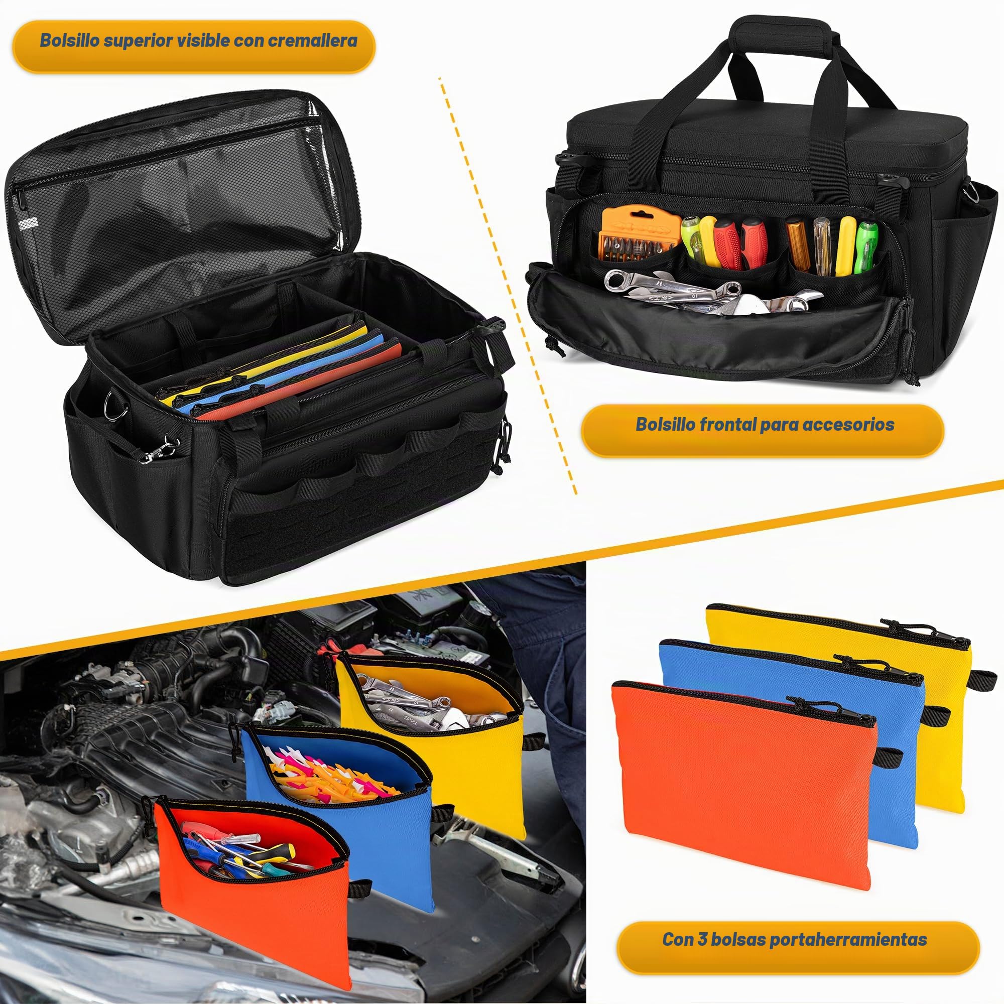 Rexmica Bolsa de Herramientas y 3 Bolsas Herramientas Portátiles Pequeñas | Bolsa Herramienta Electricista de Trabajo Multiusos para Reparadores, Electricistas, Carpinteros, Negro