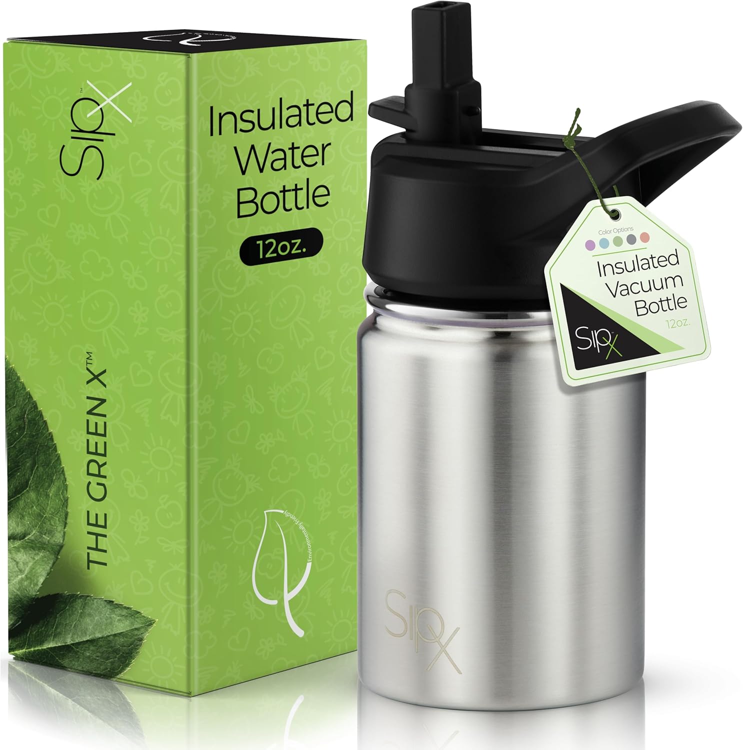 SIPX™ Kids 12 oz Insulated Water Bottle with Straw Lid – Leakproof Stainless Steel, BPA-Free, Easy to Carry – Perfect for School, Camp, Sports & Travel – Stainless