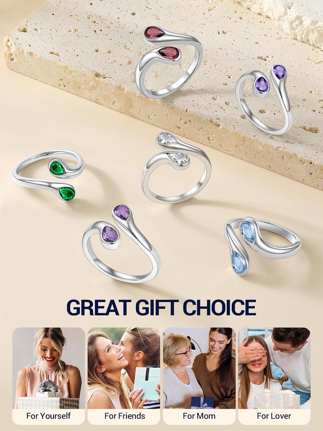 PROSILVER S925 Sterling Silver Rings for Women Dainty Birthstone Statement Ring, Dual Pear-Cut Gemstones, Open Band Rings, Jan - Dec Available - Image 6