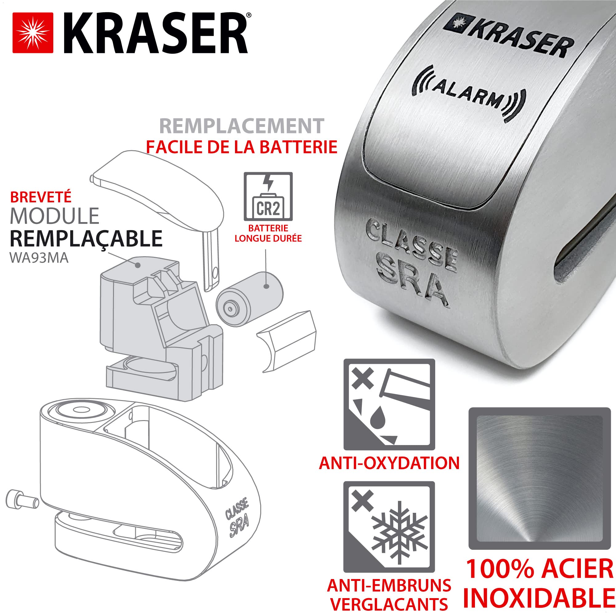 KRASER KR14S Antivol Moto Homologué SRA, Bloque Disque avec Alarme Optionnelle 120dB On/Off, Serrure Haute Sécurité Anti-Crochetage, Robust Bloc Acier inoxydable, Double Verrouillage Anti-Scie ø14mm