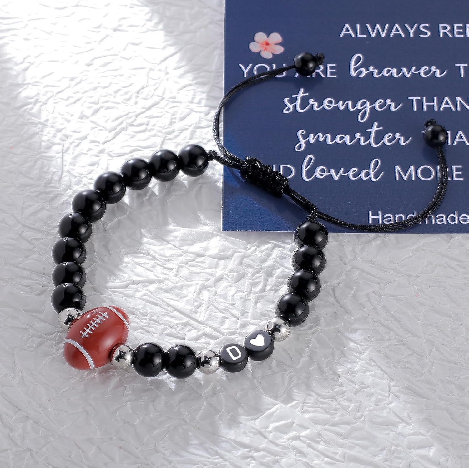 Haoze Football Soccer Initial Bracelet Black Beaded Bracelets Football Soccer Jewelry Sports Bracelet Gifts for Teen Football Lovers Football Soccer Accessories Birthday Gifts for Men Women - Image 2