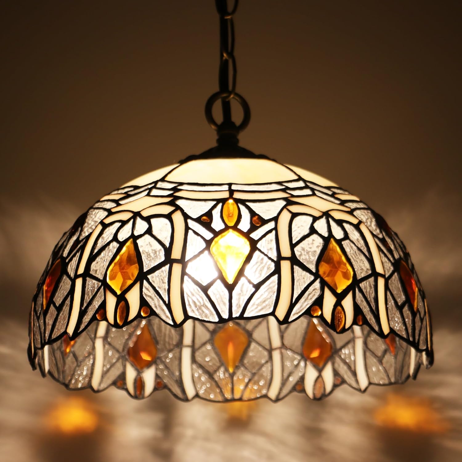 Tiffany Pendant Light Plug in 12 inch Stained Glass Hanging Lamp 39 Inch Chain 15 Feet Cord (Crystal Style)