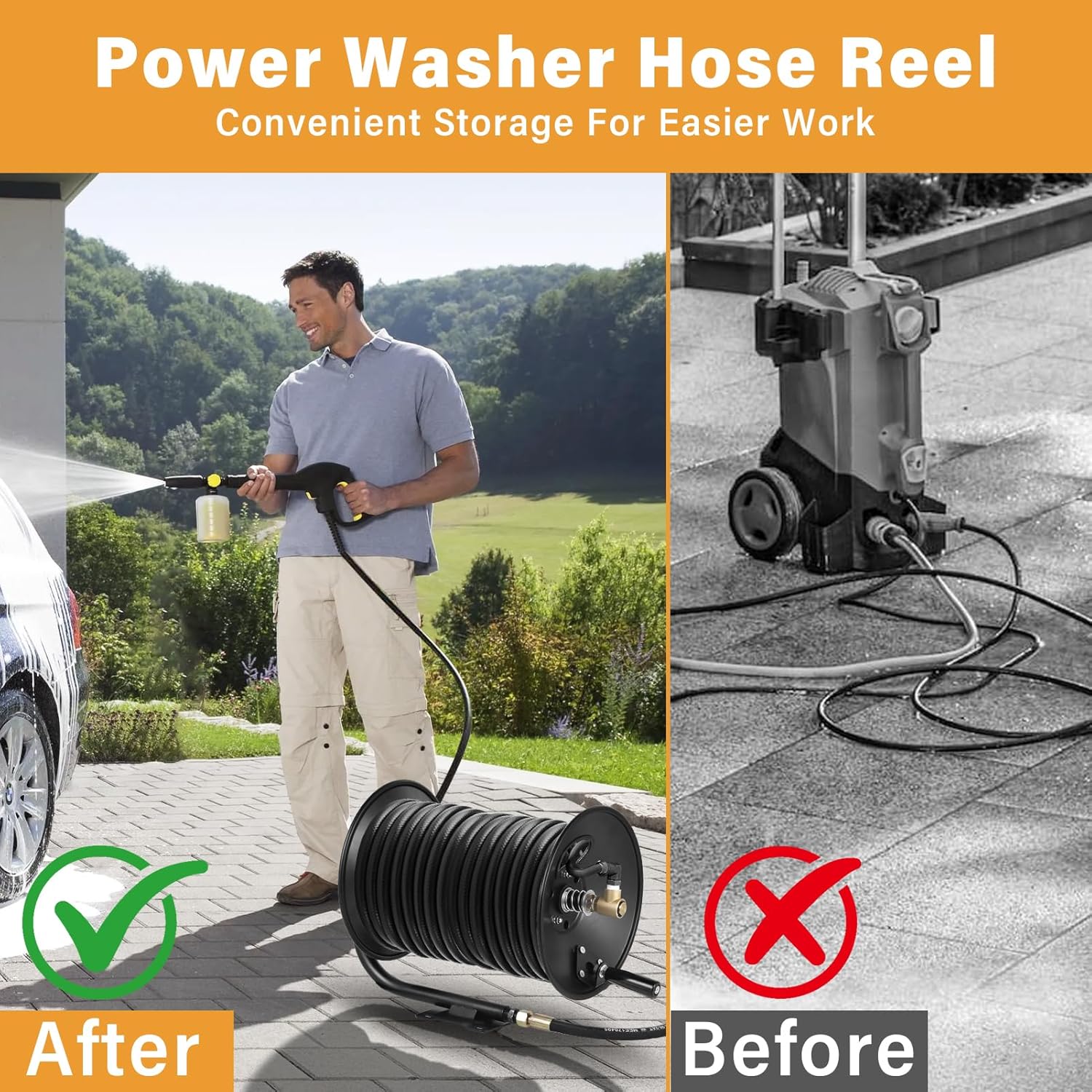 Pressure Washer Hose Reel 100 ft, 4000 PSI Stainless & Carbon Steel Hand Crank with Brass Swivel and 90 Degree Elbow, Wall/Floor Mount – Fits 3/8" and 1/4" Hoses