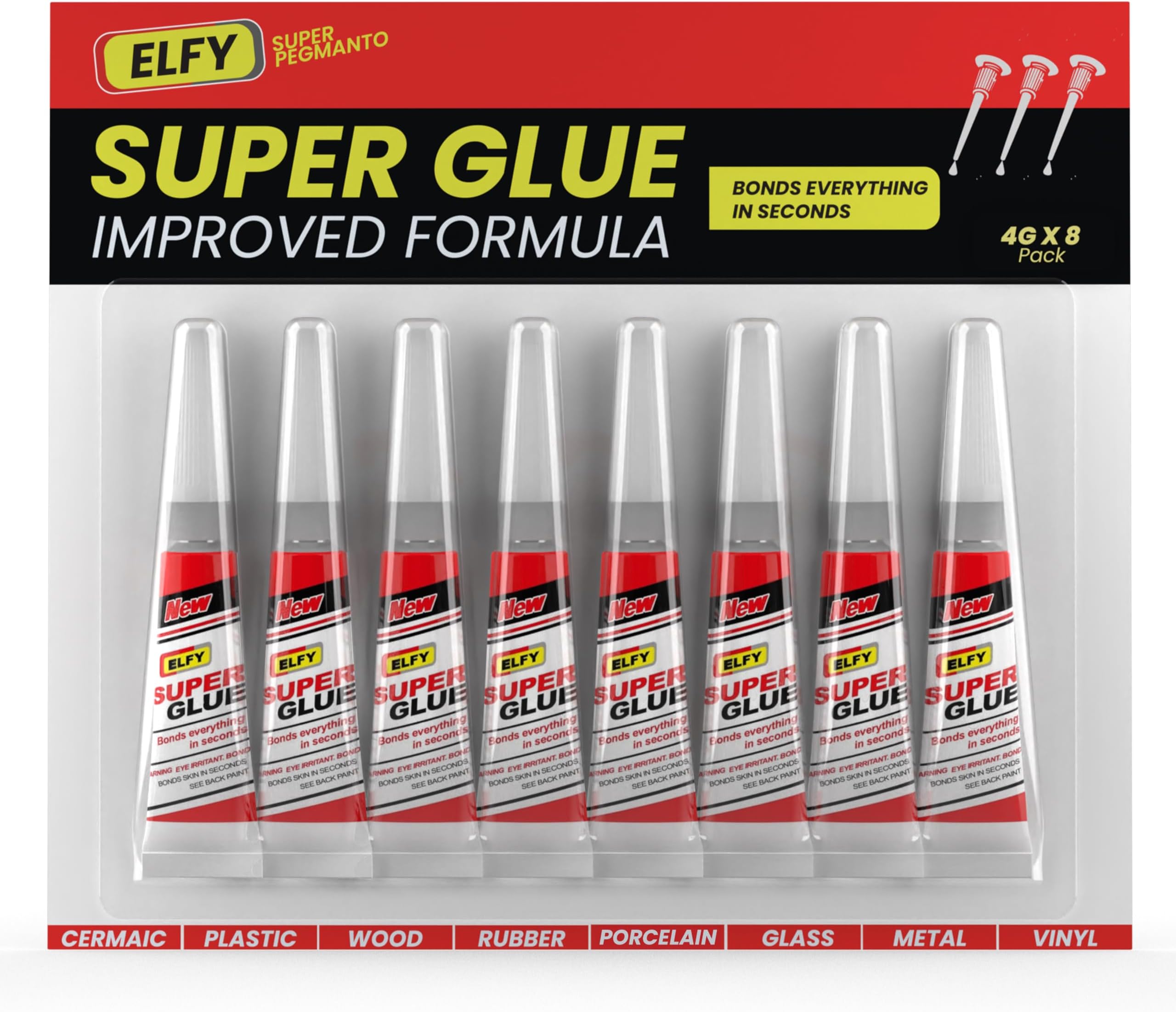 ELFY 4g x 8 PCs Super Glue All Purpose with Pin Point Nozzle - Super Fast Superglue General Strong Thick & Strong Adhesive Super Glue Gel for Hard Plastic, DIY Craft, Rubber, Metal, Leather and More