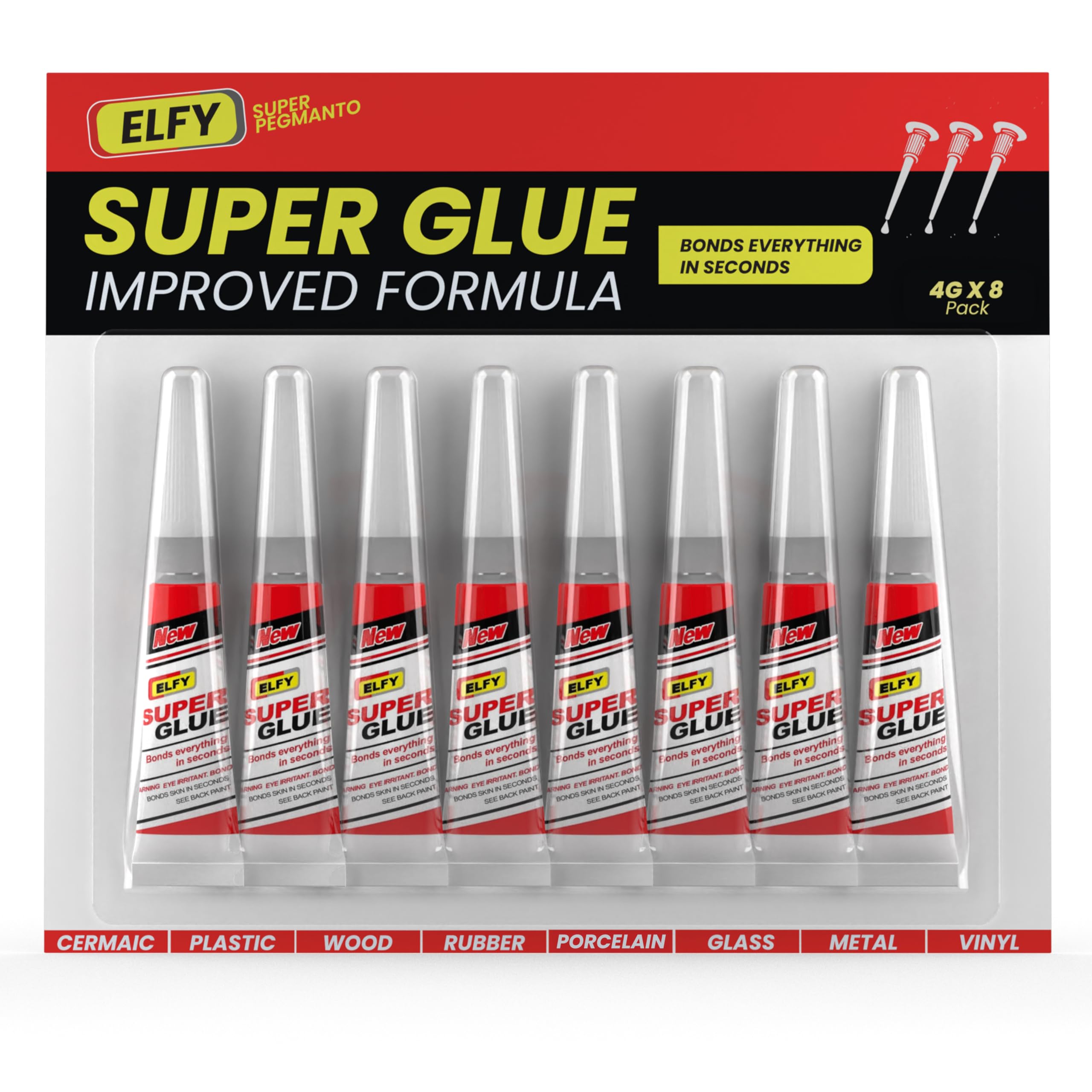 ELFY 4g x 8 PCs Super Glue All Purpose with Pin Point Nozzle - Super Fast Superglue General Strong Thick & Strong Adhesive Super Glue Gel for Hard Plastic, DIY Craft, Rubber, Metal, Leather and More
