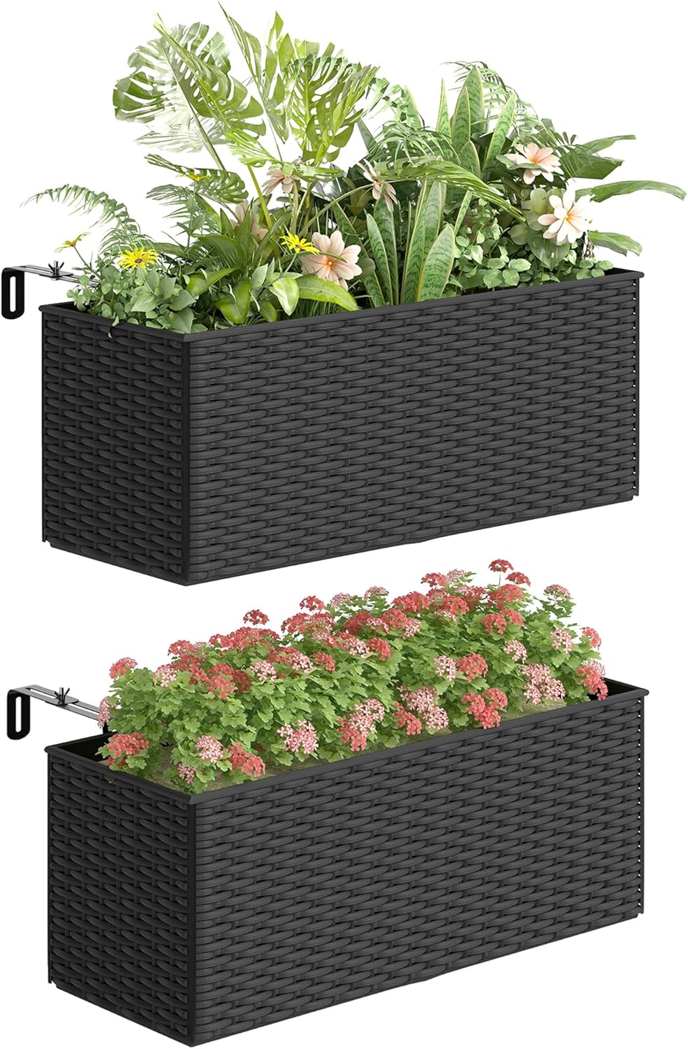Outsunny 20-Inch Railing Planter Boxes (2-Pack) - Hanging Rattan-Look Flower Pots with Hooks, Drainage for Balcony, Patio, Garden - Black