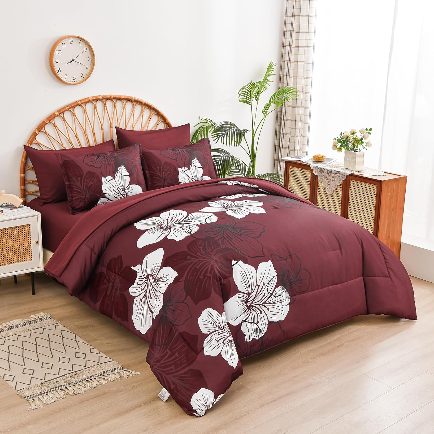 Luxudecor 7 Pieces Queen Size Comforter Set, Burgundy Floral Bed in a Bag Comforter and Sheet Set, Soft Microfiber Lightweight Bedding Set for All Season 90"×90" - Image 2