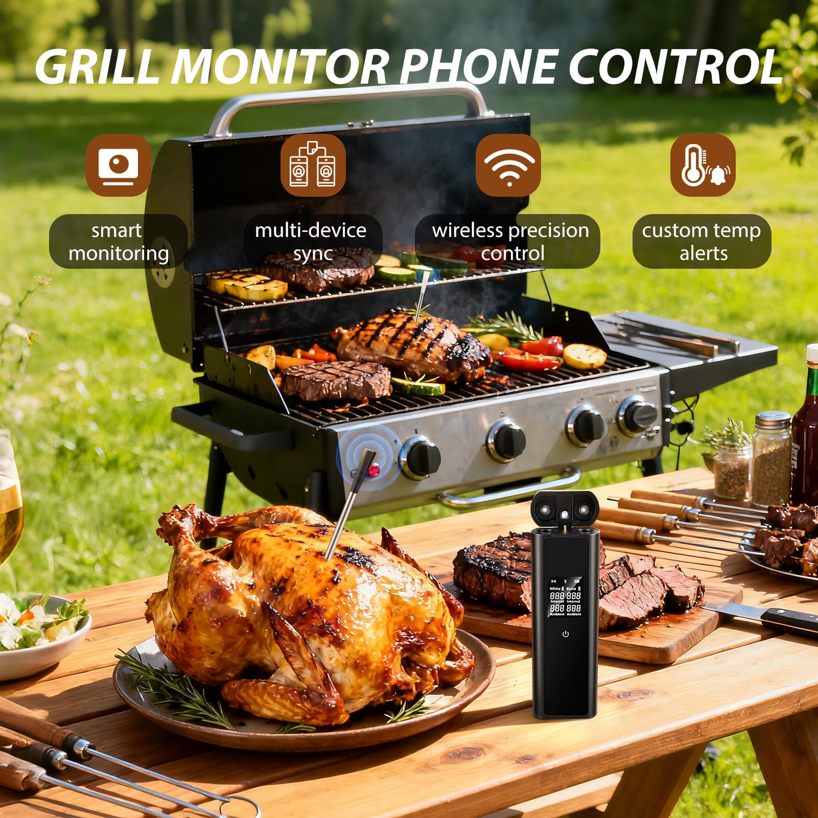 Termometro per carne senza fili Smart con Bluetooth, 2 sonde e funzione di memorizzazione, portata 150 m, impermeabile IPX8 per barbecue, affumicatore, forno, friggitrice ad aria - monitoraggio remoto