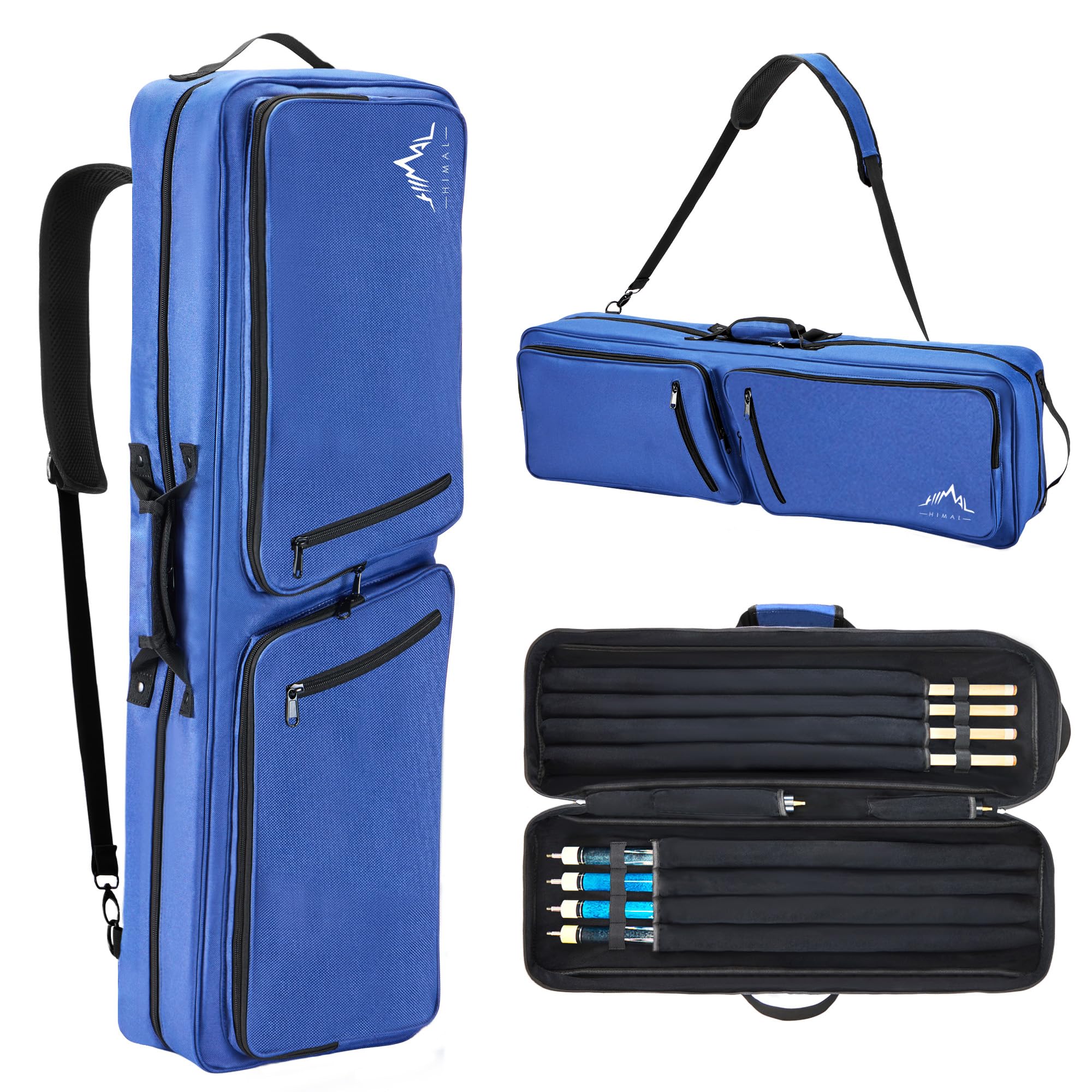 4x4 Pool Cue Case, Soft Padded Pool Stick Case with Adjustable Shoulder Straps, Includes 2 Large Accessories Pockets