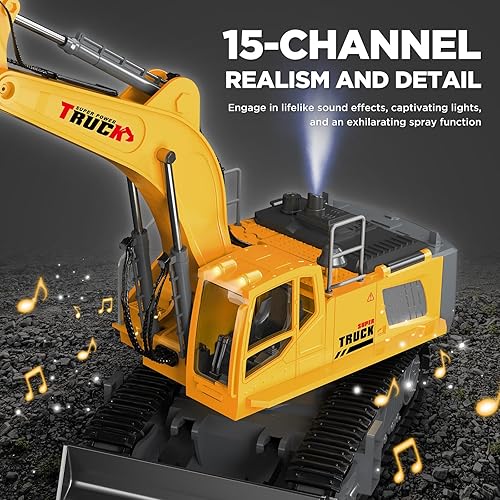 Miniatura 3 de Juguete grande de excavadora de control remoto de 21 pulgadas con cubo de metal y hoja topadora, juguetes de excavadora RC de 15 canales para niños
