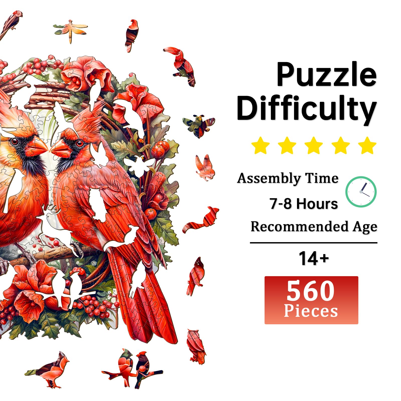 Puzzle in legno per adulti, puzzle cardinali in legno per adulti, puzzle in legno per adulti, puzzle unici a forma di animale, regali di compleanno per familiari e amici (XL, 43,9 x 43,7 cm, 560