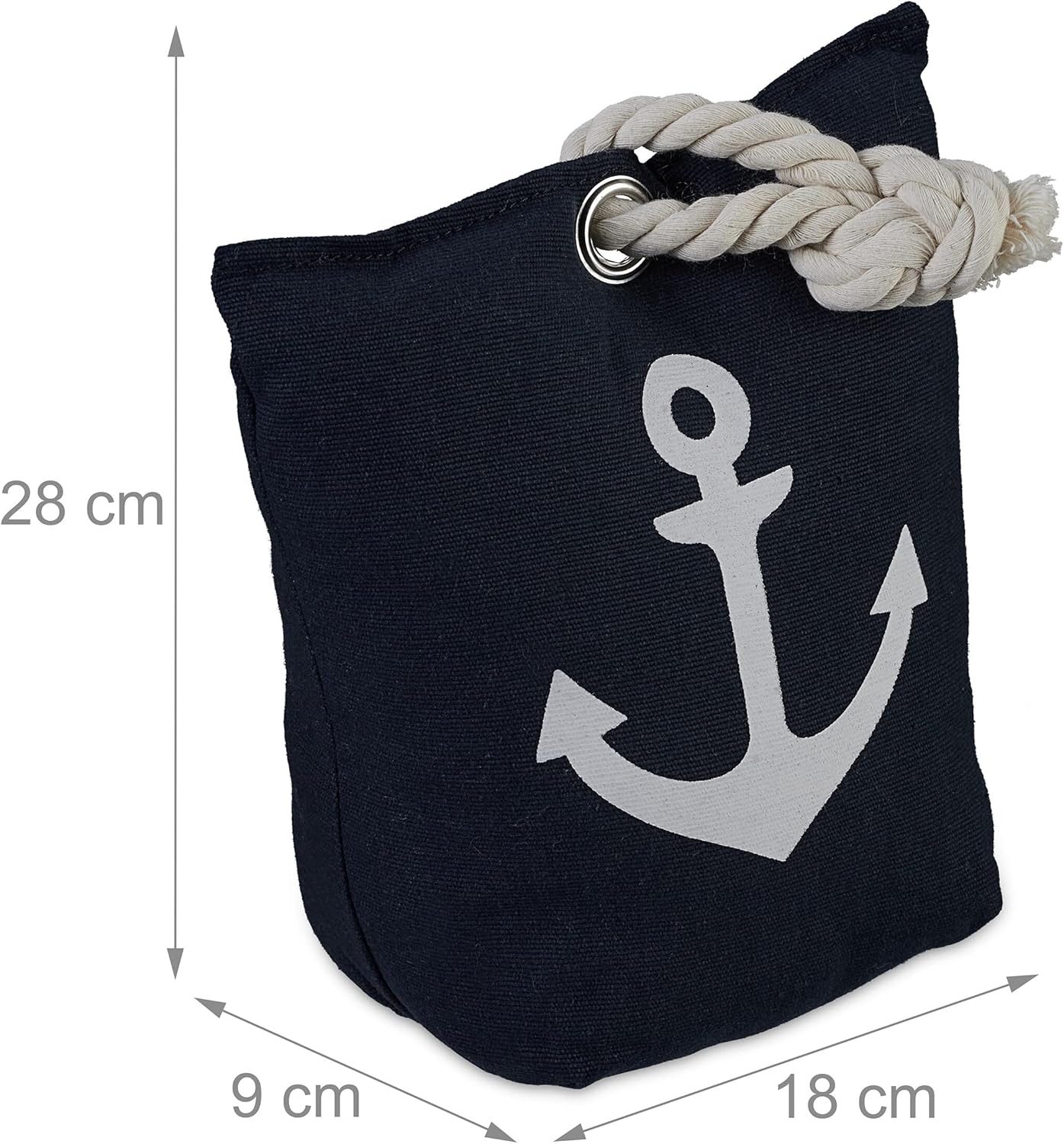 Doorstop Sandbag, Anti-Slamming Buffer, Draft Protection, 28 x 18 x 9cm, Handle Loop, Anchor Motif, Blue/White, Polyester