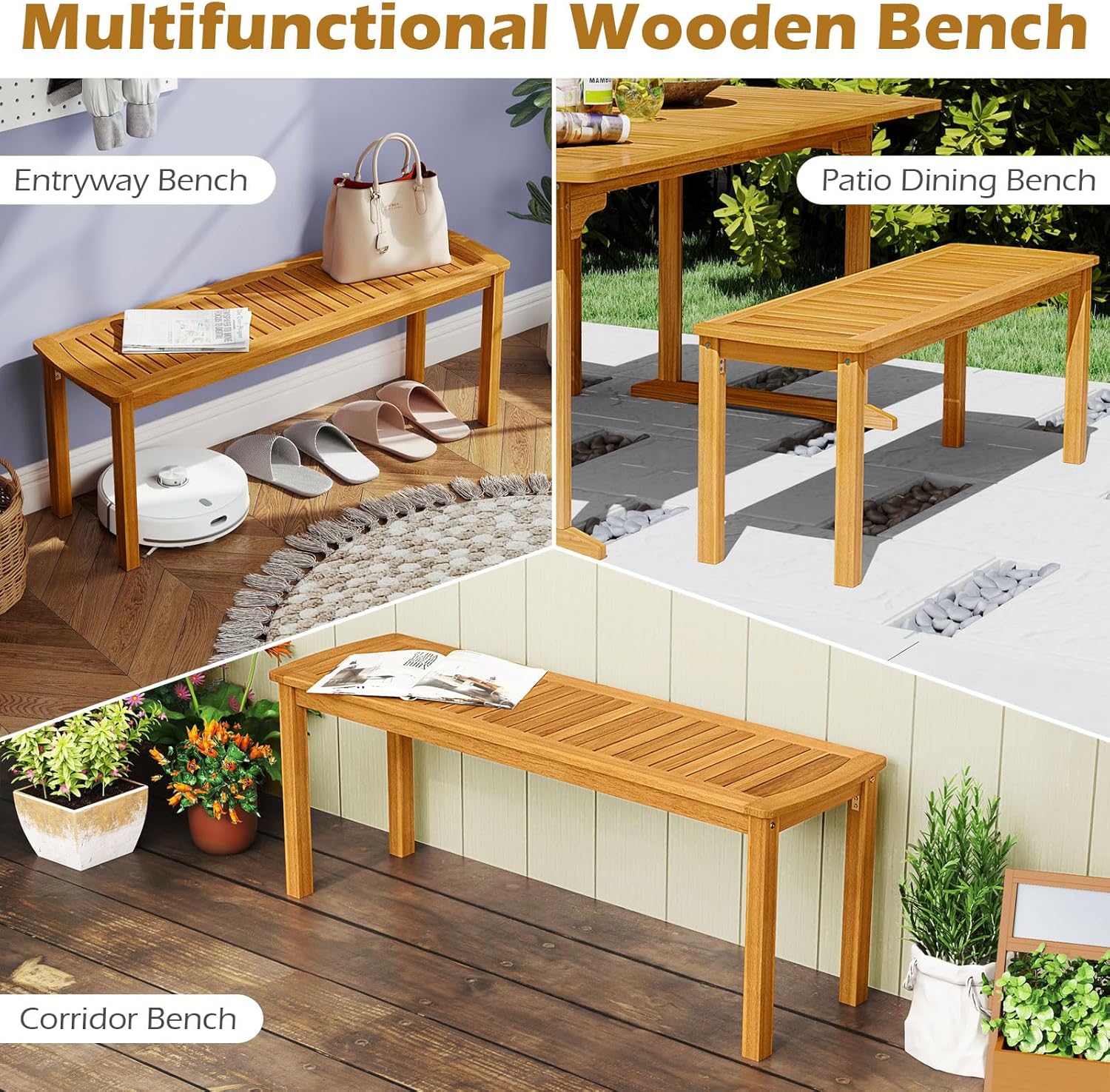 HAPPYGRILL 3 Pieces Acacia Wood Outdoor Dining Set for 4 People, Patio Table & Bench Set with Umbrella Hole, Outside Picnic Furniture