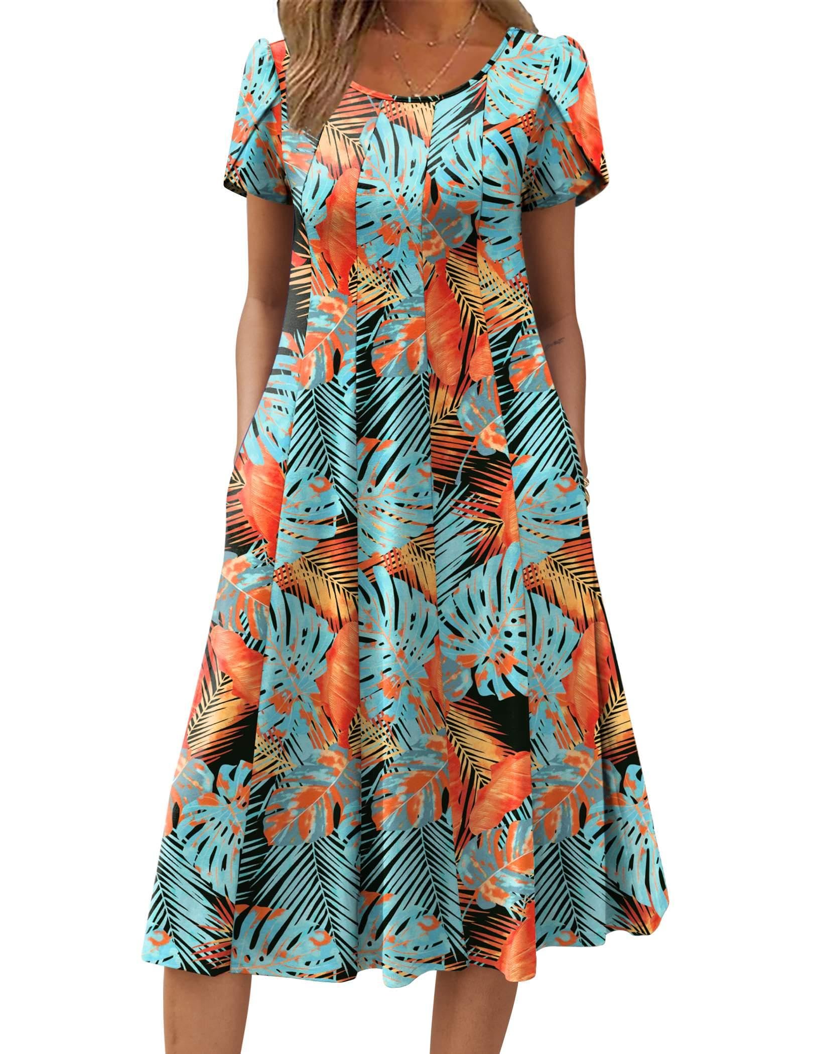 Zeagoo Vestidos casuales de verano para mujer, de manga corta, acampanado, vestido de playa suelto