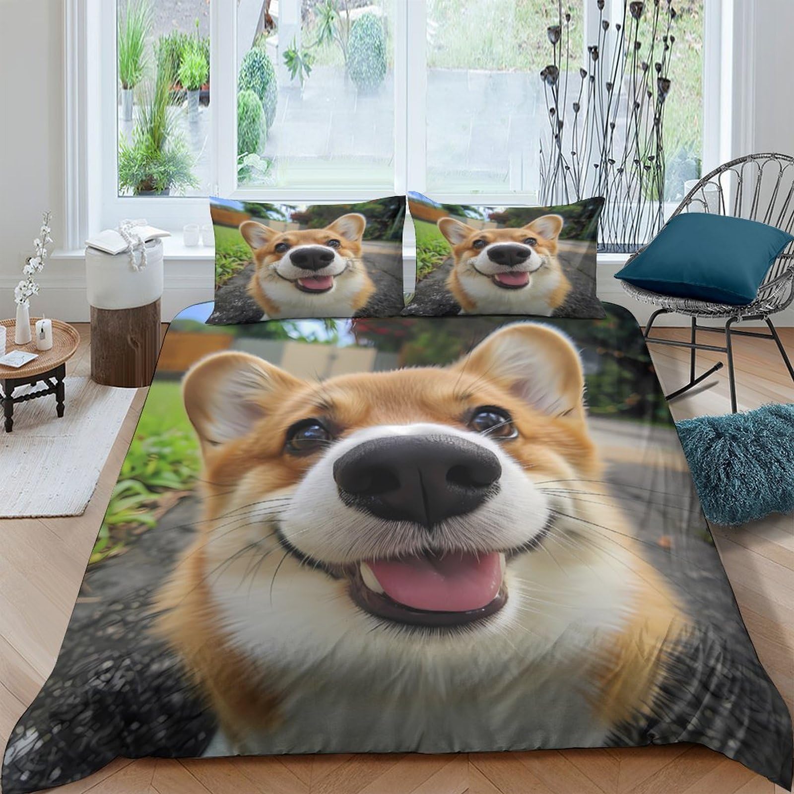 Ctjqhvkz Style-8 3D Printed Smiling Corgi Fitted Sheet Microfiber Soft Anti-Slip Dog Face Bed Cover For Bedroom Guest Room Décor Single（135X200cm）