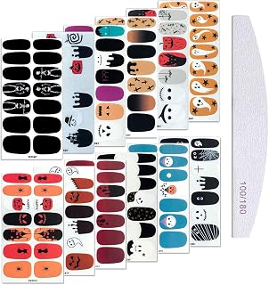 Kalolary 12 Sheets Halloween Nail Wraps Adhesive Nail Art Stickers with 1Pcs Nail File, Full Wraps Self-Adhesive Pumpkin Bat Ghost Witch Spider Pattern for Women Girl Halloween Party Nail Decor