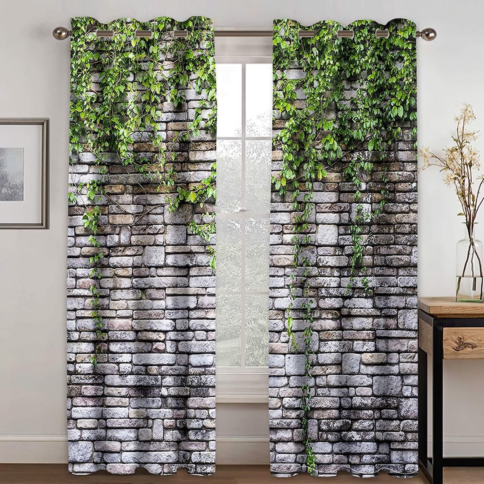 Tenda per camera da letto, tende vintage per soggiorno grigio chiaro verde muro di mattoni e viti poliestere 2 pannelli 193 x 213,4 cm