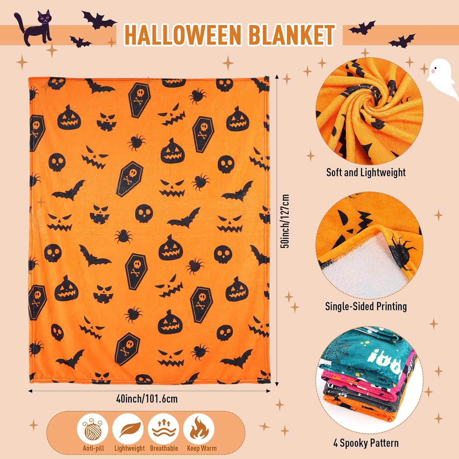 Capoda 4 Pcs Halloween Blankets 40x50 Inch Pumpkins Ghosts Boo Cozy Lightweight Flannel Plush Throw Blanket for Couch Chair Sofa Bed Holiday Gifts Home Decor