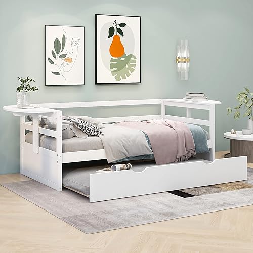 Sofá cama multifuncional de tamaño individual con nido y estantes plegables en ambos lados sofá cama con marco de madera y listones para dormitorio