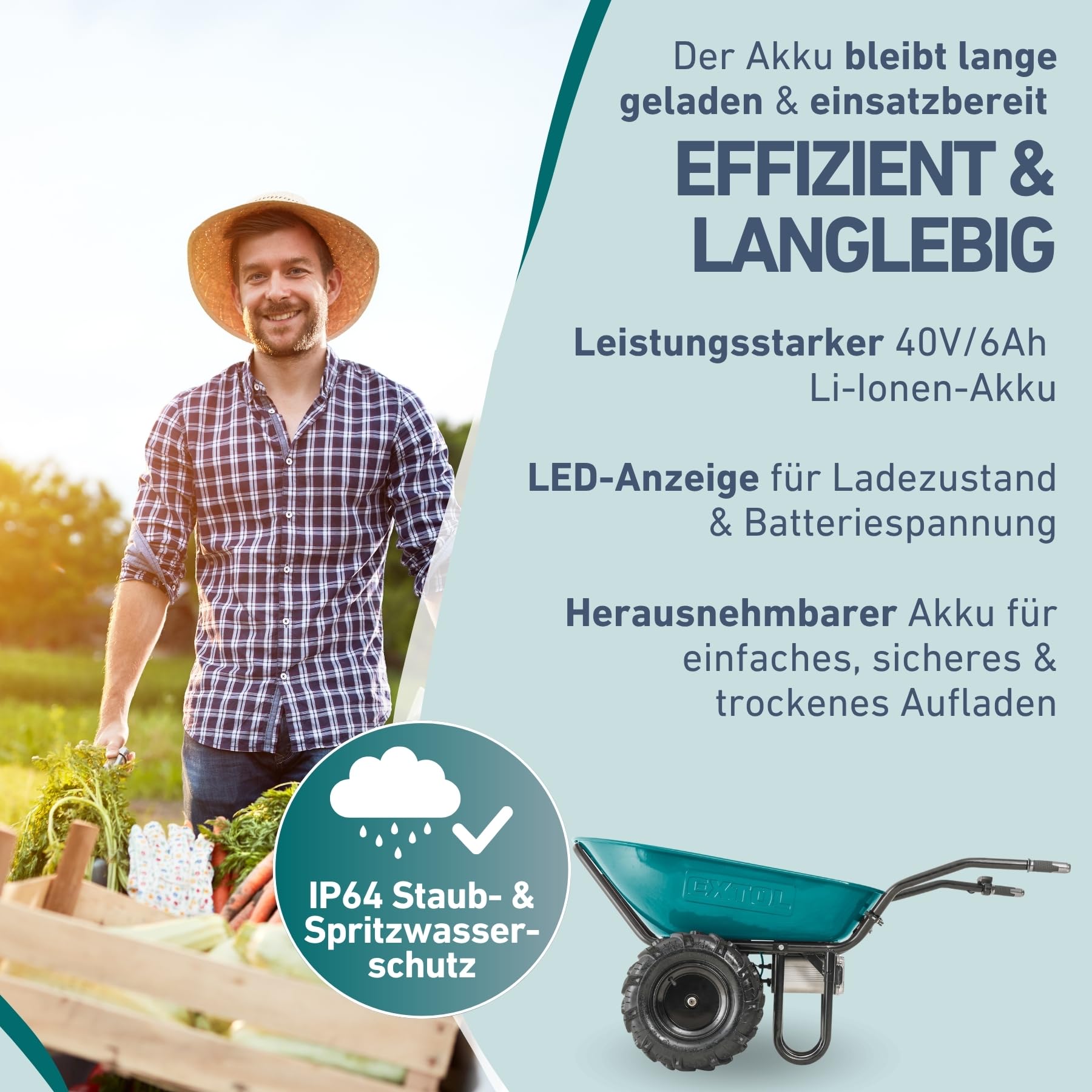 Extol Industrial Elektrische Schubkarre mit Akku I 100L Mulde I 260kg Traglast I 500W I 40V Li-ion mit 6000mAh