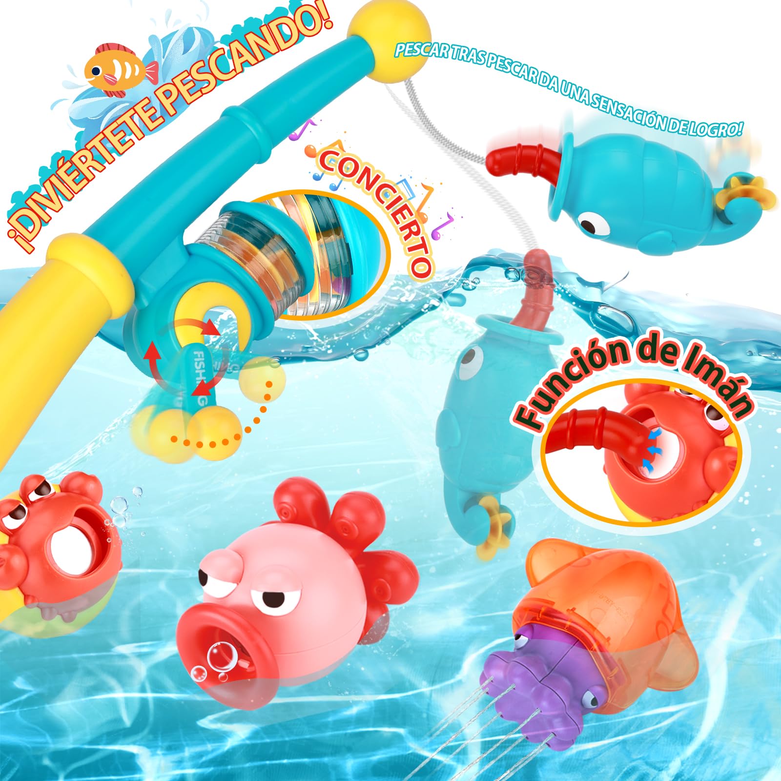 VBACALA Juguetes de Baño Bebe de 1 2 3 Años,Juguete de Bañera Juego de Pesca, Juguetes Baño con Cañas de Pescar Pistolas de Agua Red de Pesca Imán Peces Agua Juguete Niños Juguete Regalo Niña Niño