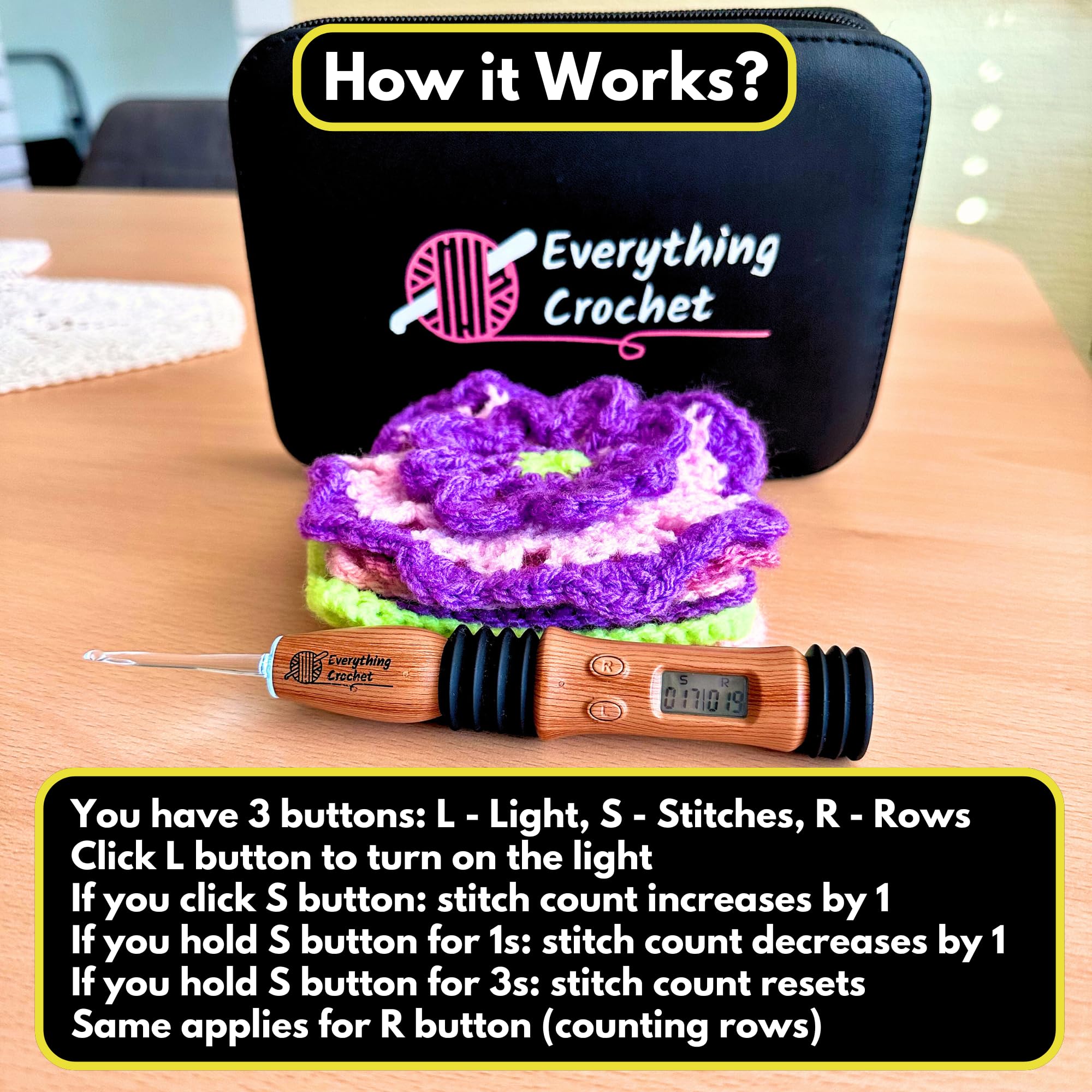 Everything Crochet Juego de agujas de ganchillo vintage con luz y contador - Ergonómico para manos artríticas - Iluminación, puntada digital y contador de filas - Kit de ganchos intercambiables de 17
