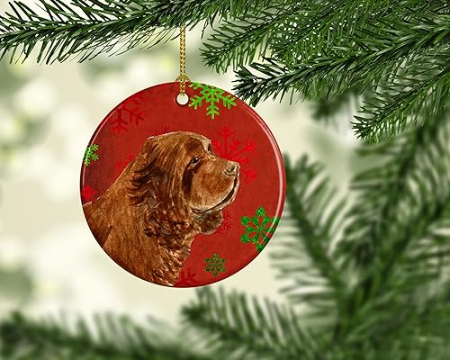 Miniatura 2 de Caroline's Treasures Sussex Spaniel - Adorno de cerámica de copo de nieve rojo y verde, decoración colgante para árbol de Navidad, decoración para