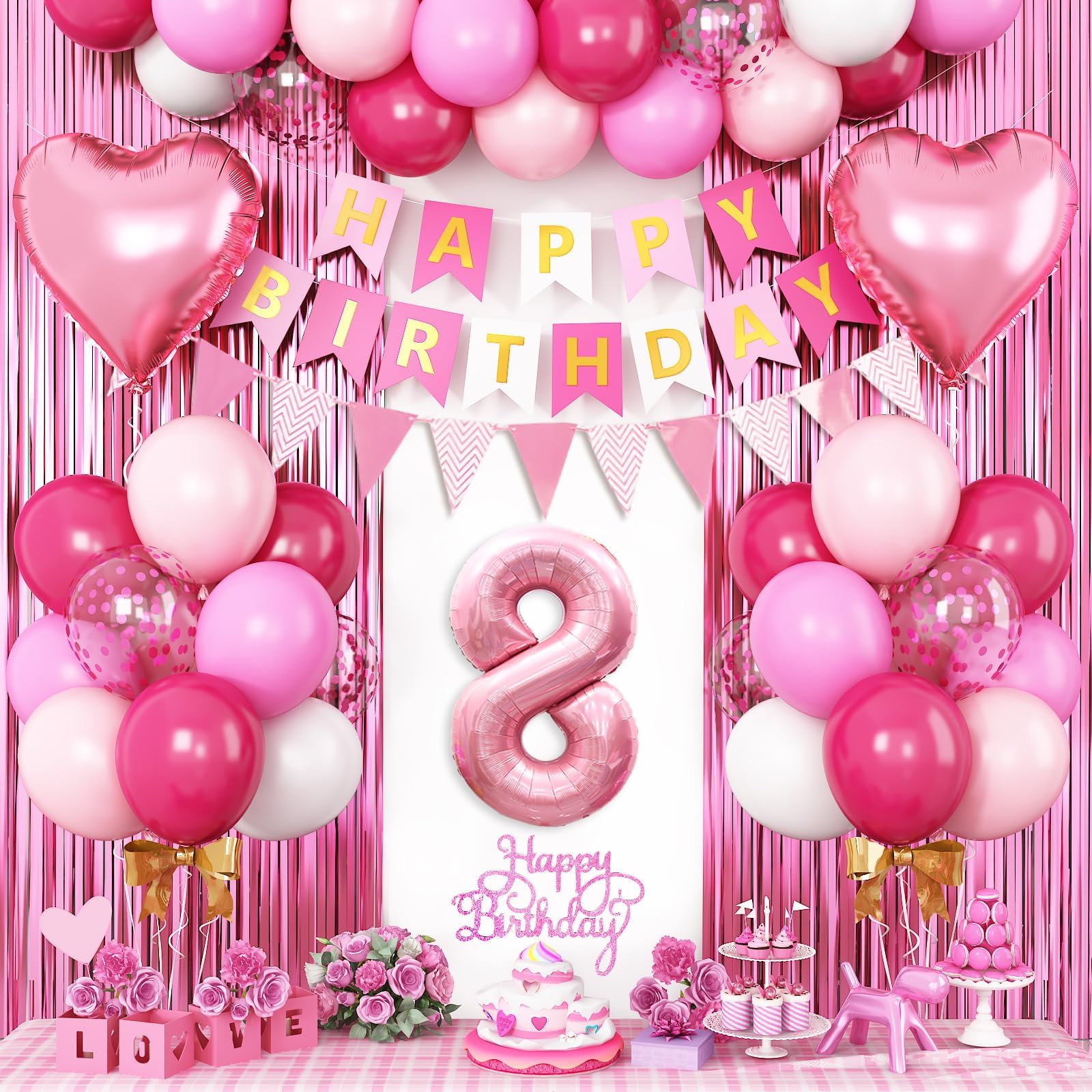 Adorely 8th Birthday Decorations for Girls: Hot Pink Balloons, Happy Birthday Banner, Fringe Curtain, Cake Topper, Heart Balloons