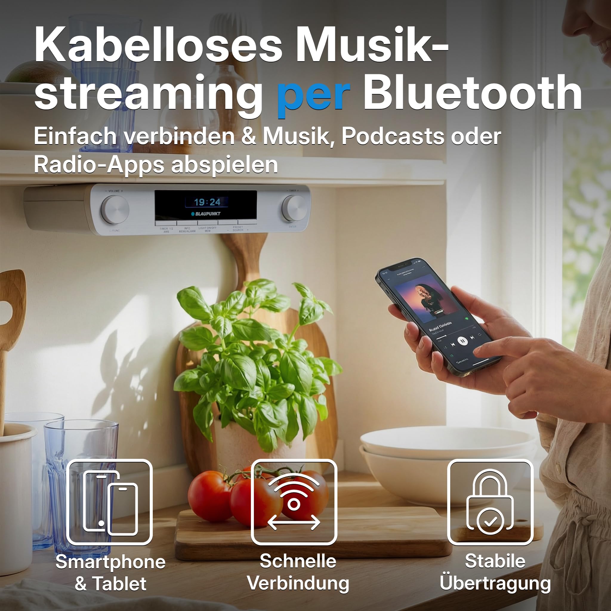 Blaupunkt KRD 30, Bluetooth Küchenradio mit DAB+, UKW PLL, Multidisplay, Senderspeicher, Unterbau Digitalradio mit Uhr, LED Licht, 2 Back Timer, Werkstatt Unterschrank Radio, Silber