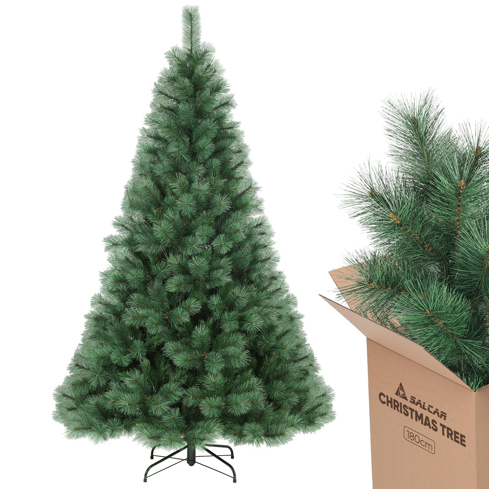 SALCAR Künstlicher Weihnachtsbaum 180 cm, Kiefer Tannenbaum (Ø ca. 100 cm) mit Metallständer, Schnellaufbau-Klappsystem, 1,8 m Christbaum für Innenbereich, einfacher Aufbau