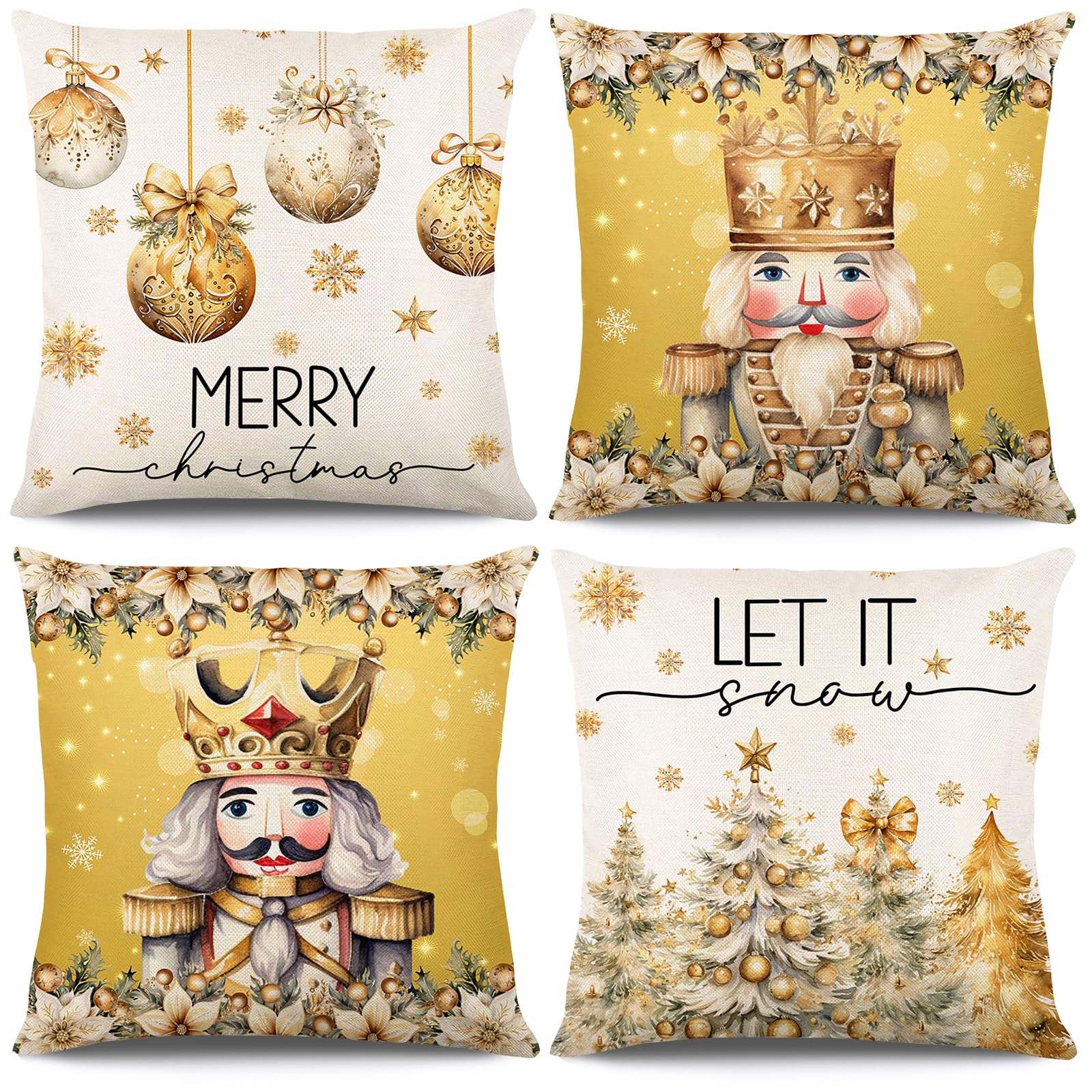 KIKISML Fundas de Cojín Navideñas de 45 x 45cm, 4 Piezas Lino Suave Fundas de árbol de Navidad Almohada Copos de Nieve Renos Papá Noel para Hogar Dormitorio Sofá Decoración Navideña (Oro)