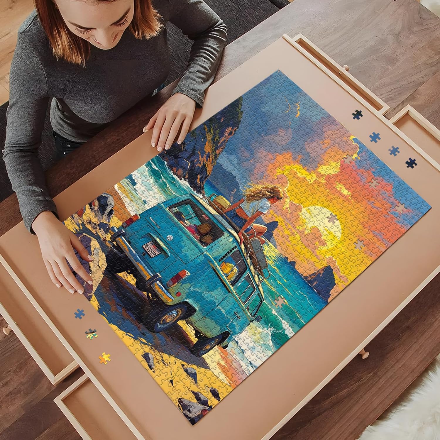 Puzzle for Adults 1000 Pieces, Coastal Sunset Road Trip Camper Van Puzzle, Challening Impossible Difficult Hard Fun 1000 Pieces Jigsaw Puzzles for Adults