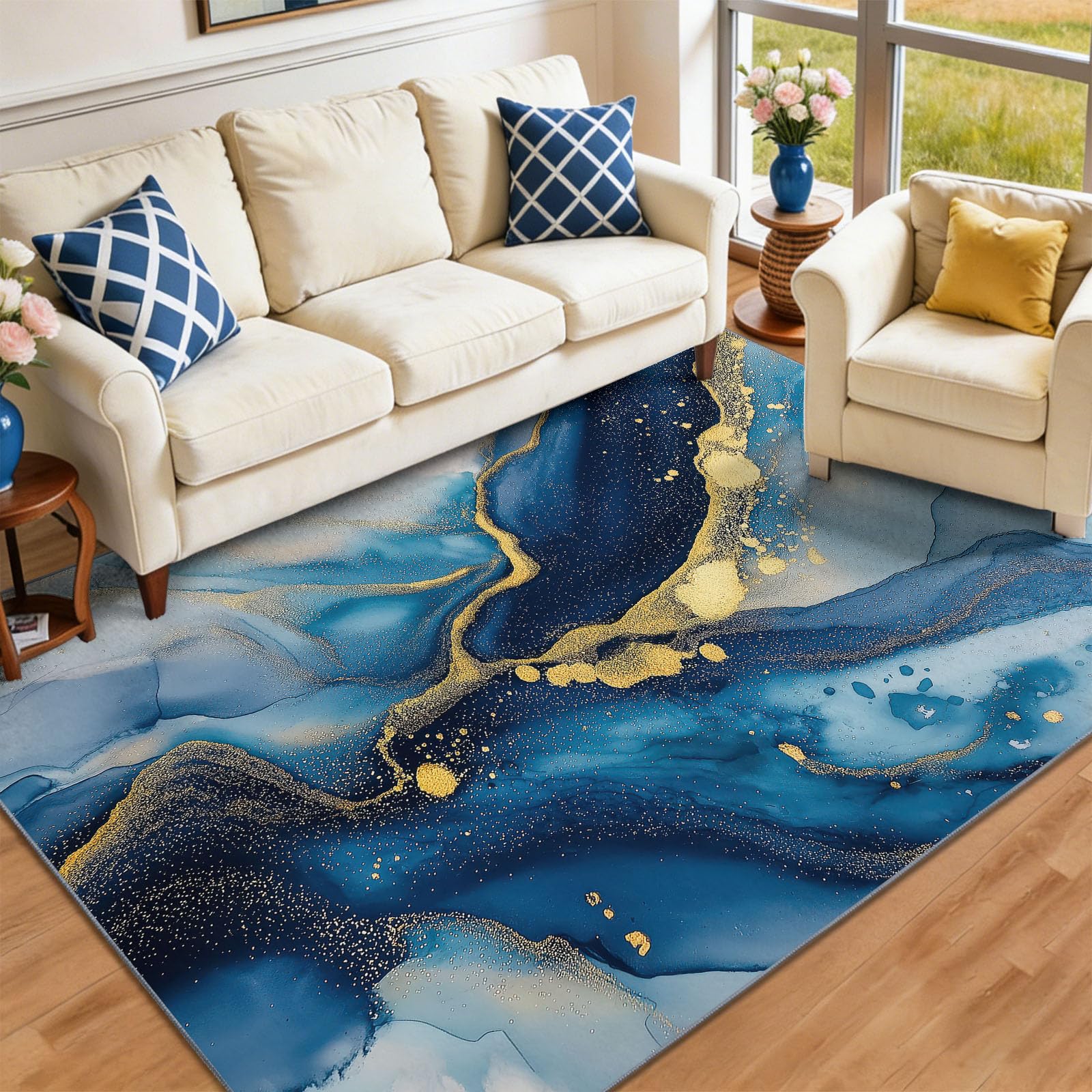 Tapis 120 x 170 cm Style Luxe Abstrait Lavable Bleu