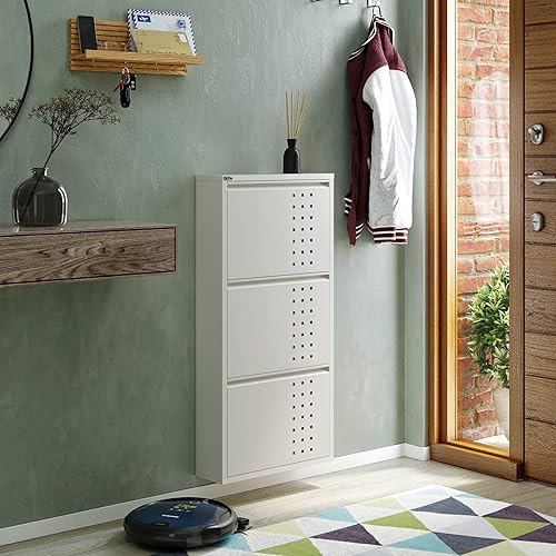 Vista 17 de Gabinete de zapatos de metal de 5 niveles con tapa, organizador de almacenamiento de zapatos duradero para entrada, armario de estante de zapatos