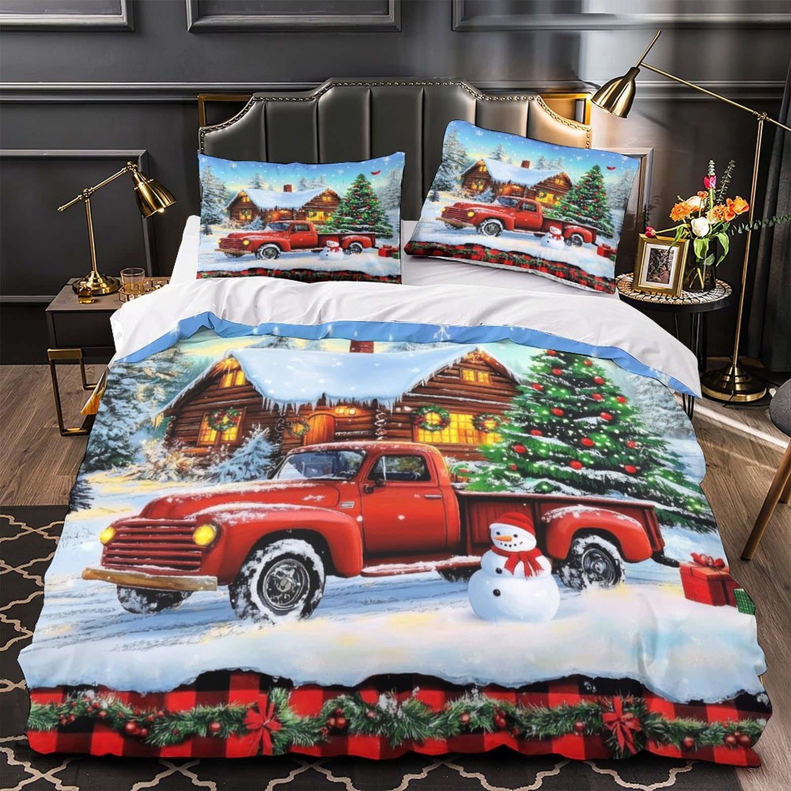 Parure de Lit de Noël Double 200x200 cm - Housse de Couette Hiver en Microfibre